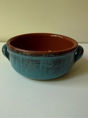 Blue Ceramic Serving Bowl with Handles - Rustic Brown Interior